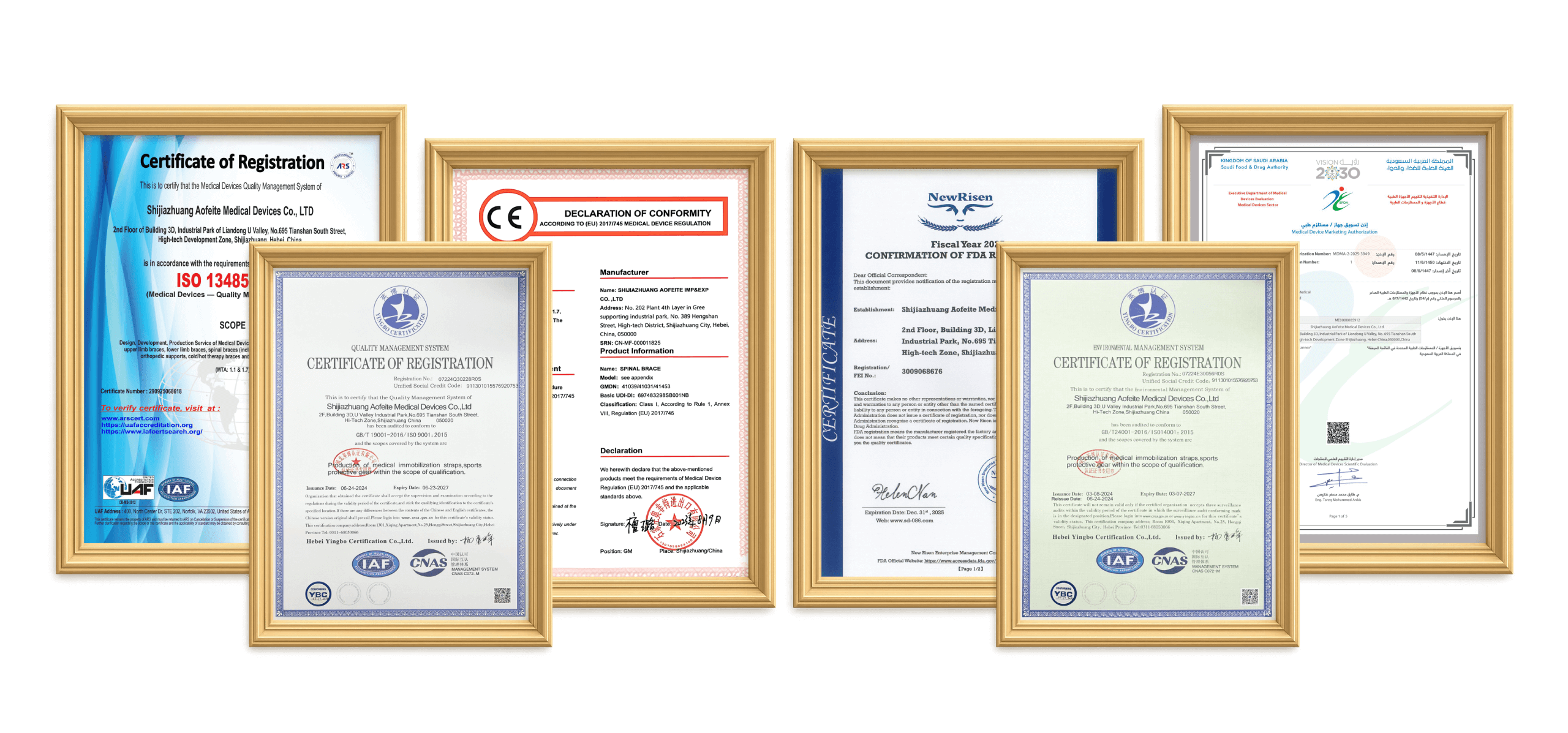 Important certisfications and standards for a custom brace manufacturer, including CE, FDA, ISO13485, ISO14001, BSCI.